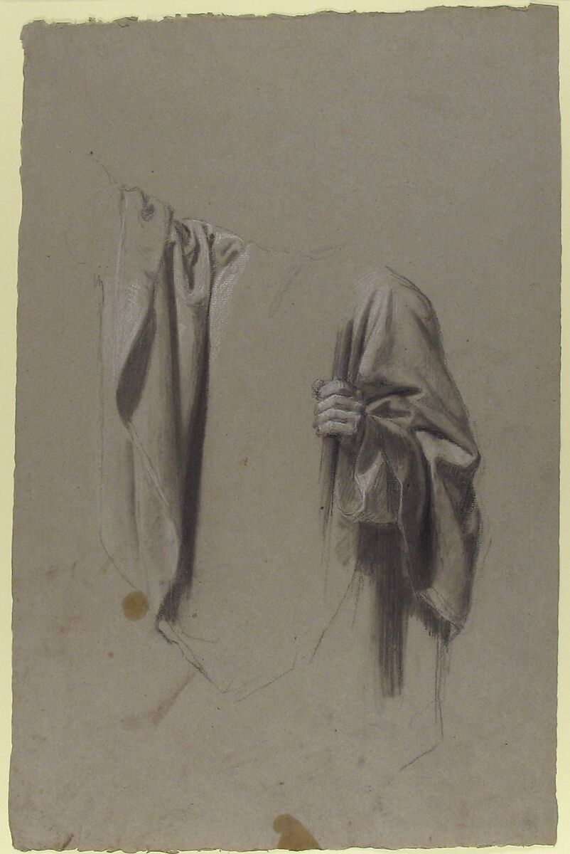 Drapery Study for Saint Remi (middle register; study for wall paintings in the Chapel of Saint Remi, Sainte-Clotilde, Paris, 1858), Isidore Pils (French, Paris 1813/15–1875 Douarnenez), Black chalk, stumped, heightened with white chalk, on gray paper