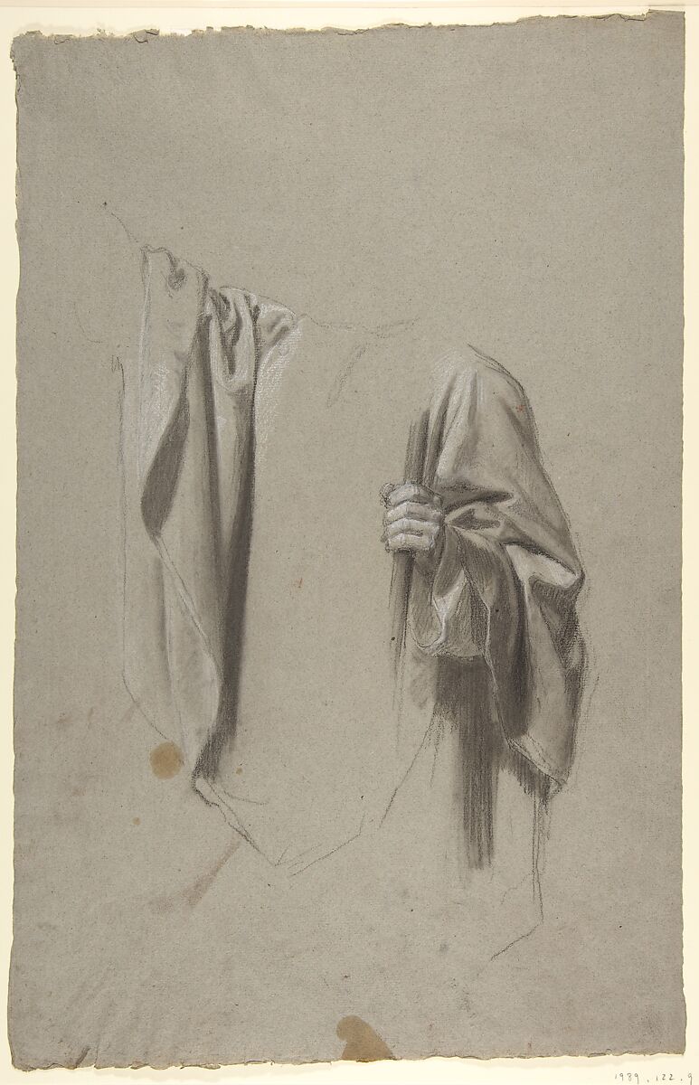 Drapery Study for Saint Remi (middle register; study for wall paintings in the Chapel of Saint Remi, Sainte-Clotilde, Paris, 1858), Isidore Pils (French, Paris 1813/15–1875 Douarnenez), Black chalk, stumped, heightened with white chalk, on gray paper 