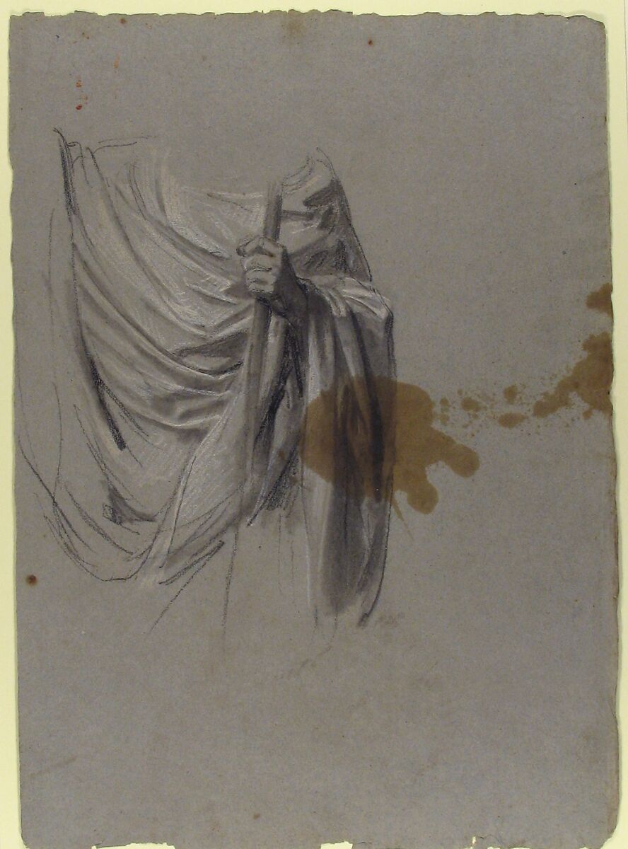 Drapery Study for Saint Remi (middle register; study for wall paintings in the Chapel of Saint Remi, Sainte-Clotilde, Paris, 1858), Isidore Pils (French, Paris 1813/15–1875 Douarnenez), Black chalk, stumped, heightened with white chalk, on gray paper.  Large brown stain.