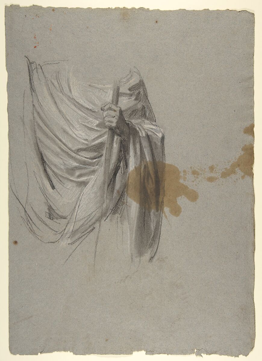Drapery Study for Saint Remi (middle register; study for wall paintings in the Chapel of Saint Remi, Sainte-Clotilde, Paris, 1858), Isidore Pils (French, Paris 1813/15–1875 Douarnenez), Black chalk, stumped, heightened with white chalk, on gray paper.  Large brown stain. 