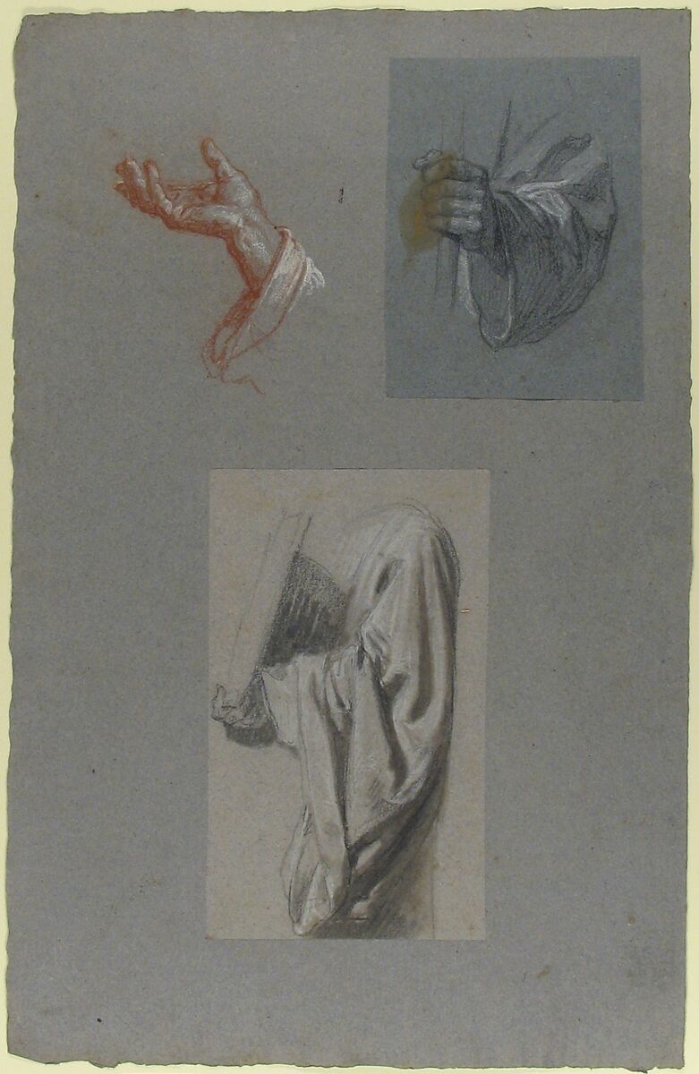 a.  Hand of Saint Remi; b.  Hand of Saint Remi; c.  Drapery Study for Acolyte Holding Book (middle register); (studies for wall paintings in the Chapel of Saint Remi, Sainte-Clotilde, Paris, 1858), Isidore Pils (French, Paris 1813/15–1875 Douarnenez), a.  Red chalk and white gouache, on gray paper; b.  Black chalk, heightened with white chalk, on blue-gray paper, pasted onto a larger sheet; c.  Black chalk, stumped, heightened with white chalk, on gray paper, pasted onto a larger sheet