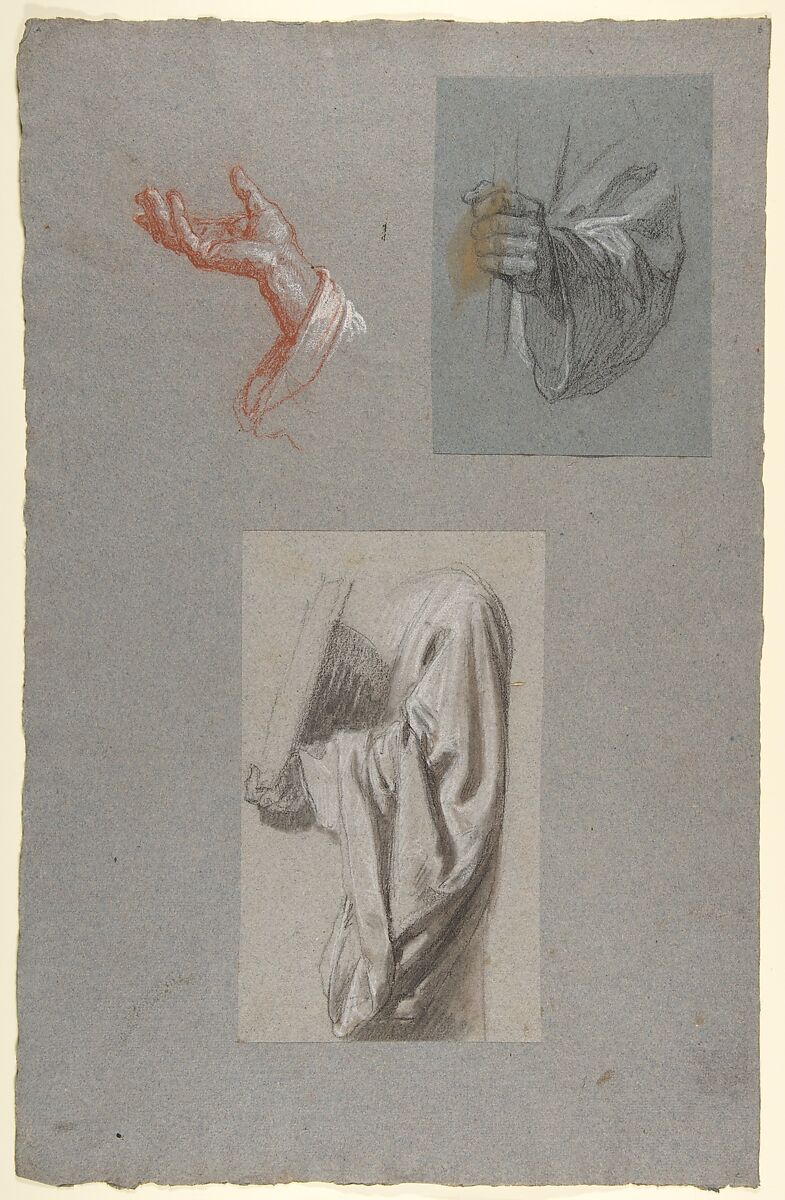 a.  Hand of Saint Remi; b.  Hand of Saint Remi; c.  Drapery Study for Acolyte Holding Book (middle register); (studies for wall paintings in the Chapel of Saint Remi, Sainte-Clotilde, Paris, 1858), Isidore Pils (French, Paris 1813/15–1875 Douarnenez), a.  Red chalk and white gouache, on gray paper; b.  Black chalk, heightened with white chalk, on blue-gray paper, pasted onto a larger sheet; c.  Black chalk, stumped, heightened with white chalk, on gray paper, pasted onto a larger sheet 
