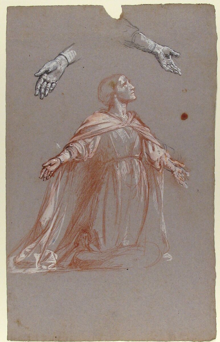 Sainte Clotilde (middle register; study for wall paintings in the Chapel of Saint Remi, Sainte-Clotilde, Paris, 1858), Isidore Pils (French, Paris 1813/15–1875 Douarnenez), Red and black chalk, white gouache, on gray paper