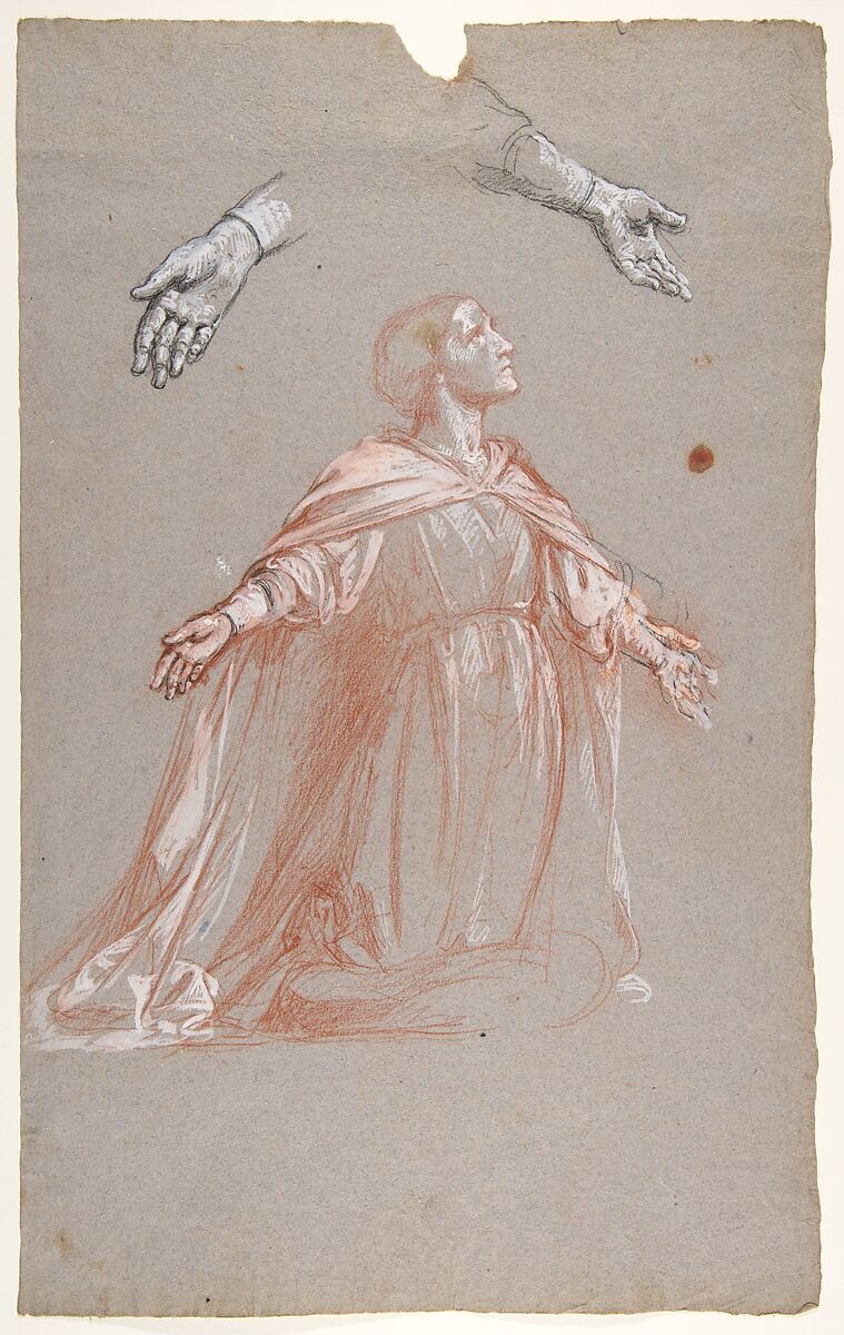 Sainte Clotilde (middle register; study for wall paintings in the Chapel of Saint Remi, Sainte-Clotilde, Paris, 1858), Isidore Pils (French, Paris 1813/15–1875 Douarnenez), Red and black chalk, white gouache, on gray paper 