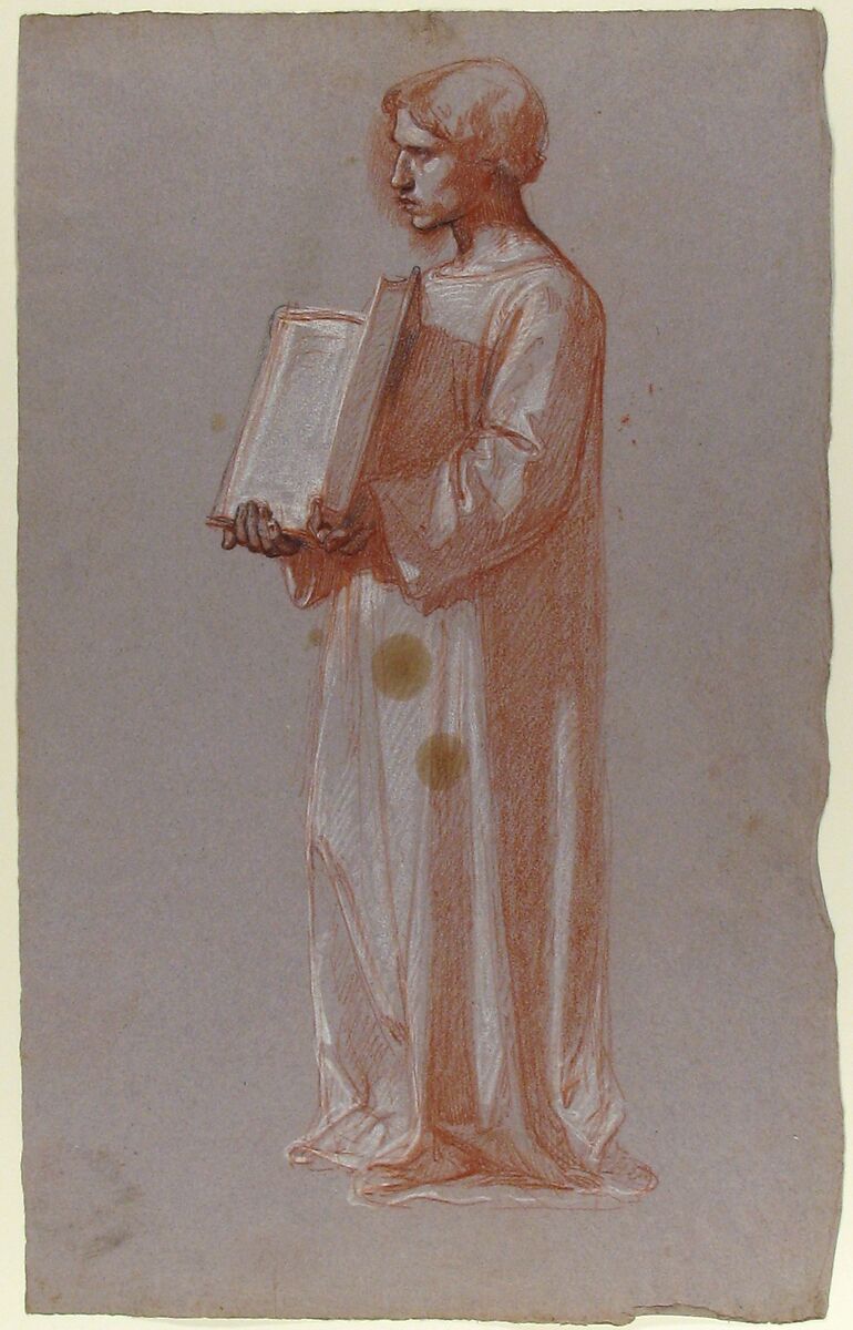 Acolyte with Open Book (middle register; study for wall paintings in the Chapel of Saint Remi, Sainte-Clotilde, Paris, 1858), Isidore Pils (French, Paris 1813/15–1875 Douarnenez), Red, white, and black chalk, on gray paper