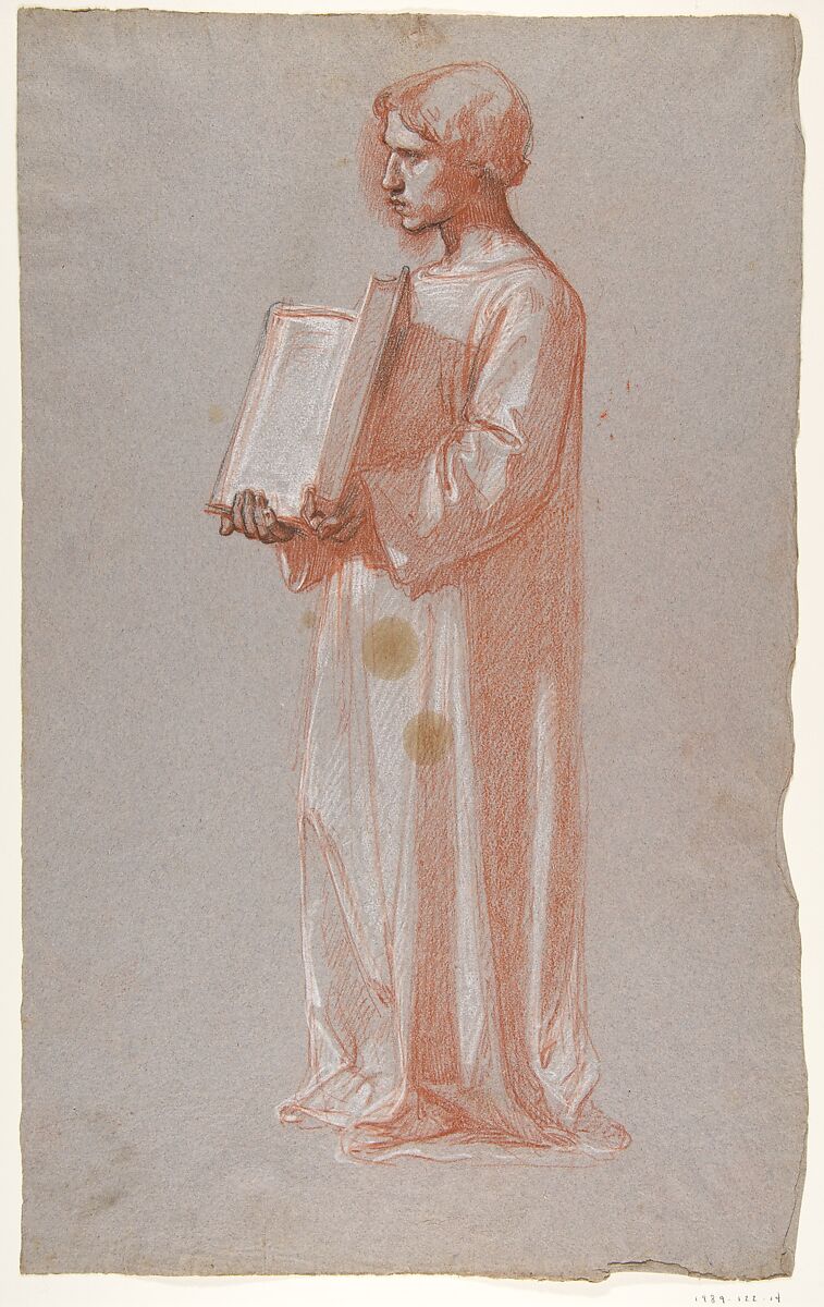 Acolyte with Open Book (middle register; study for wall paintings in the Chapel of Saint Remi, Sainte-Clotilde, Paris, 1858), Isidore Pils (French, Paris 1813/15–1875 Douarnenez), Red, white, and black chalk, on gray paper 