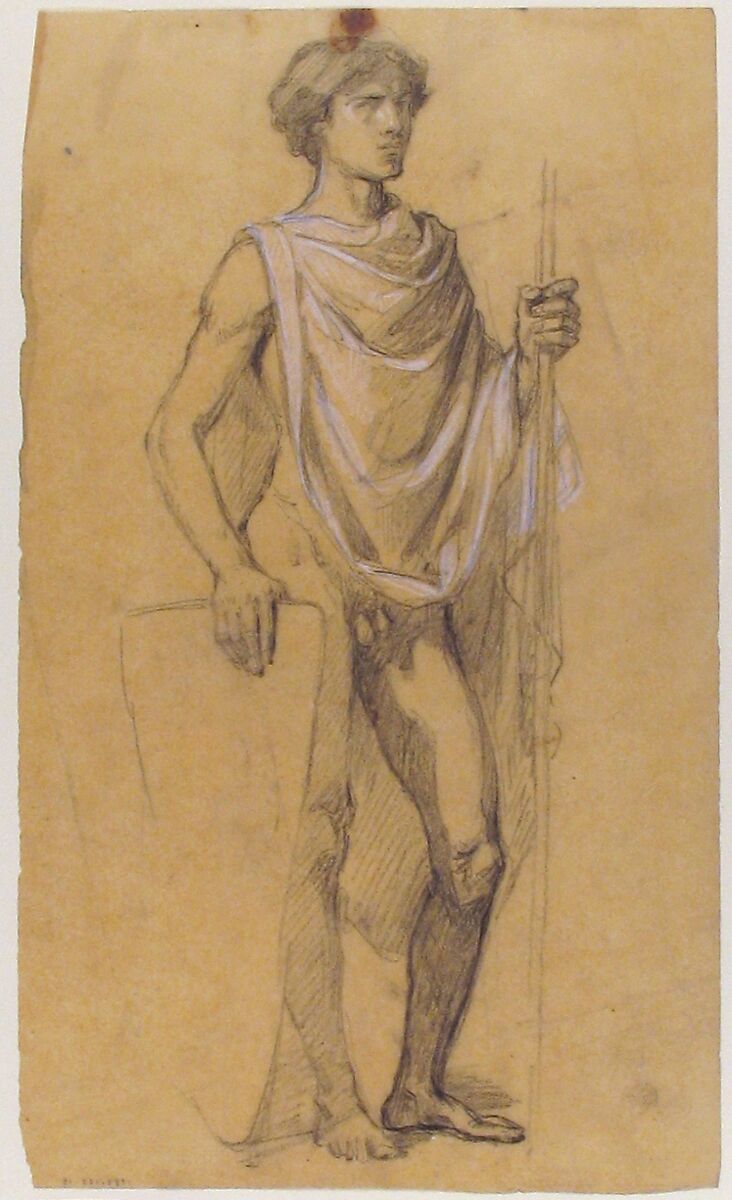 Soldier (middle register; study for wall paintings in the Chapel of Saint Remi, Sainte-Clotilde, Paris, 1858), Isidore Pils (French, Paris 1813/15–1875 Douarnenez), Black chalk, heightened with white chalk, on tracing paper
