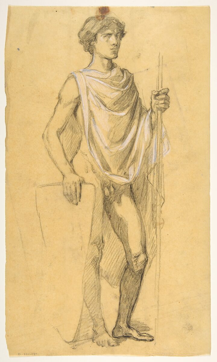 Soldier (middle register; study for wall paintings in the Chapel of Saint Remi, Sainte-Clotilde, Paris, 1858), Isidore Pils (French, Paris 1813/15–1875 Douarnenez), Black chalk, heightened with white chalk, on tracing paper 