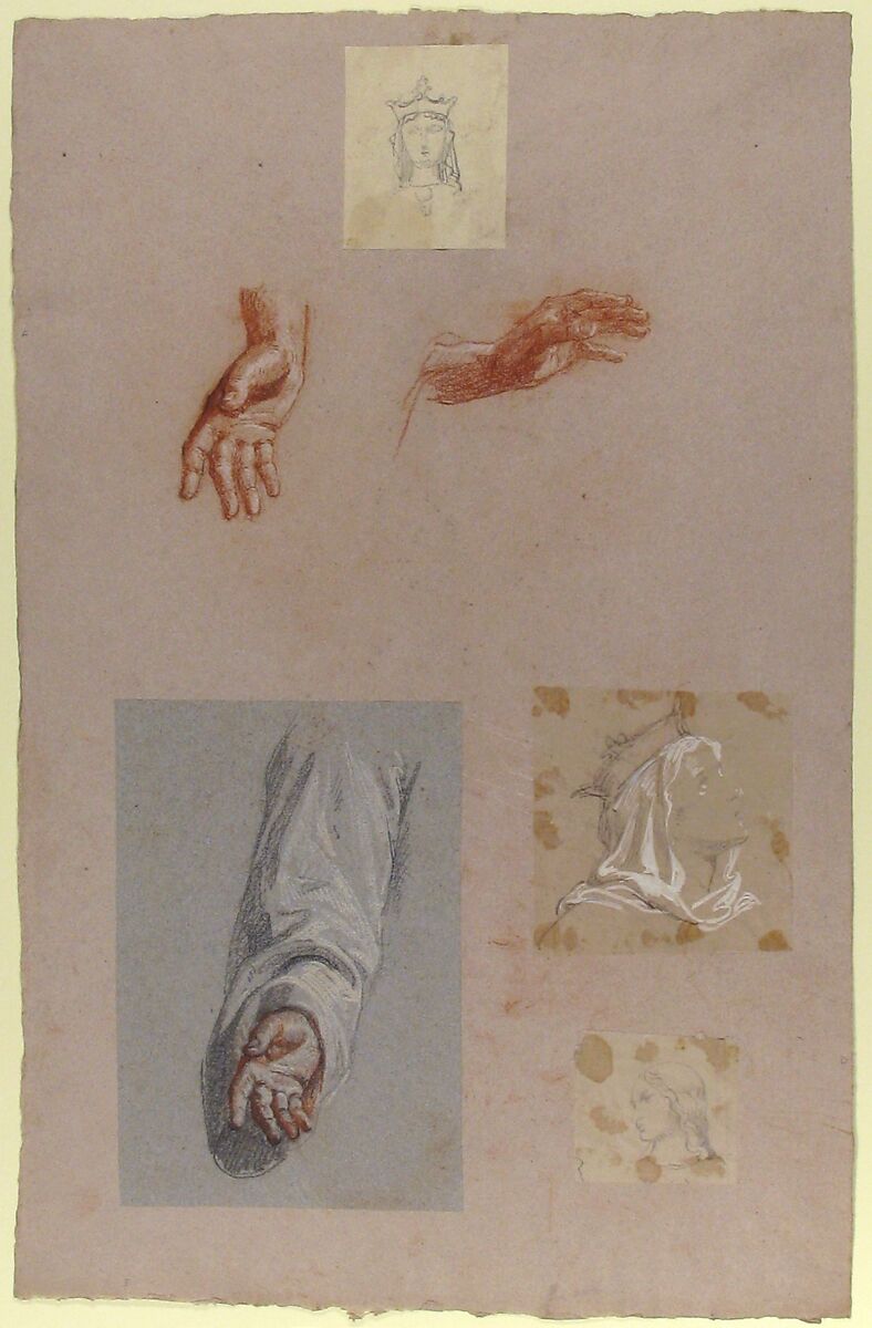 a.  Hands of Saint Remi (lower register); b.  Head of Saint Clotilde (upper register); c.  Head of Saint Clotilde (lower register); d.  Head of an Angel (upper register); e.  Hand and Sleeve of Saint Remi, Isidore Pils (French, Paris 1813/15–1875 Douarnenez), a.  Red, white, and black chalk, on gray paper; b.  graphite, pasted onto larger sheet; c.  black chalk, white gouache, on tracing paper, pasted onto larger sheet; d.  graphite, on tracing paper, pasted onto a larger sheet; e.  black, red, and white chalk, on blue-gray paper, pasted onto a larger sheet