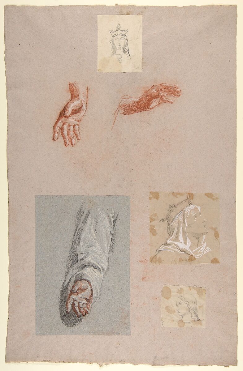 a.  Hands of Saint Remi (lower register); b.  Head of Saint Clotilde (upper register); c.  Head of Saint Clotilde (lower register); d.  Head of an Angel (upper register); e.  Hand and Sleeve of Saint Remi, Isidore Pils (French, Paris 1813/15–1875 Douarnenez), a.  Red, white, and black chalk, on gray paper; b.  graphite, pasted onto larger sheet; c.  black chalk, white gouache, on tracing paper, pasted onto larger sheet; d.  graphite, on tracing paper, pasted onto a larger sheet; e.  black, red, and white chalk, on blue-gray paper, pasted onto a larger sheet 