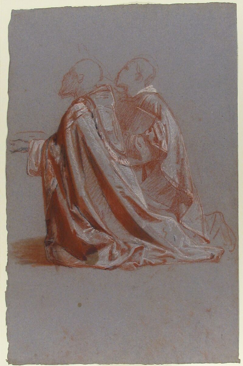 Two Bishops (lower register; study for wall paintings in the Chapel of Saint Remi, Sainte-Clotilde, Paris, 1858), Isidore Pils (French, Paris 1813/15–1875 Douarnenez), Red, white, and black chalk, on blue-gray paper