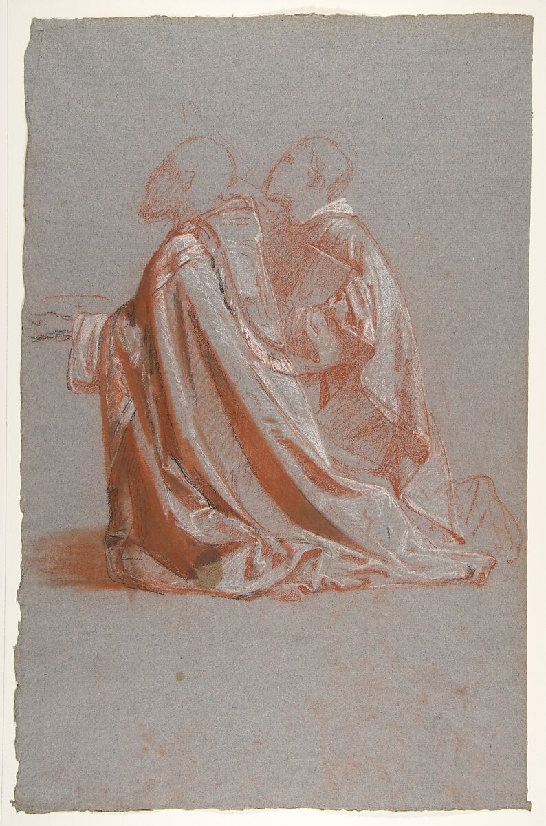 Two Bishops (lower register; study for wall paintings in the Chapel of Saint Remi, Sainte-Clotilde, Paris, 1858), Isidore Pils (French, Paris 1813/15–1875 Douarnenez), Red, white, and black chalk, on blue-gray paper 