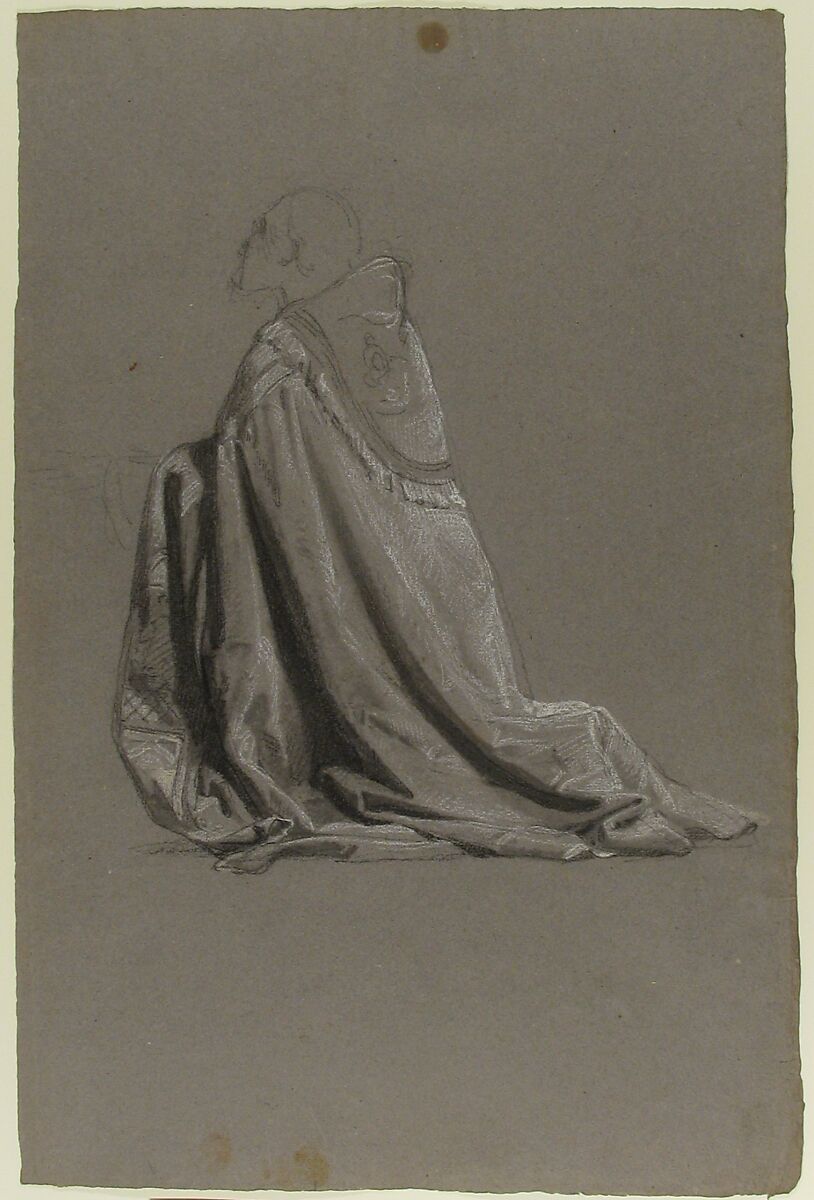 Bishop (lower register; study for wall paintings in the Chapel of Saint Remi, Sainte-Clotilde, Paris, 1858), Isidore Pils (French, Paris 1813/15–1875 Douarnenez), Black chalk, stumped, white chalk, on dark gray paper
