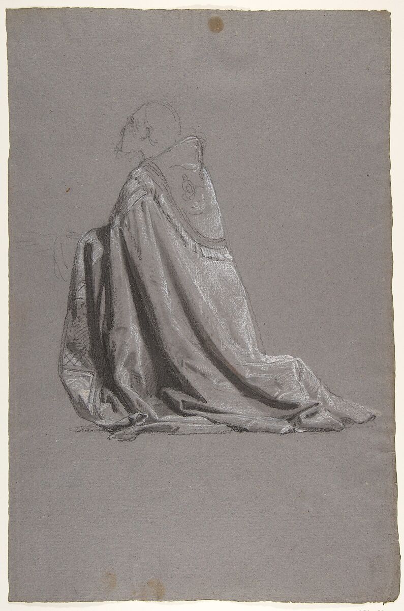 Bishop (lower register; study for wall paintings in the Chapel of Saint Remi, Sainte-Clotilde, Paris, 1858), Isidore Pils (French, Paris 1813/15–1875 Douarnenez), Black chalk, stumped, white chalk, on dark gray paper 