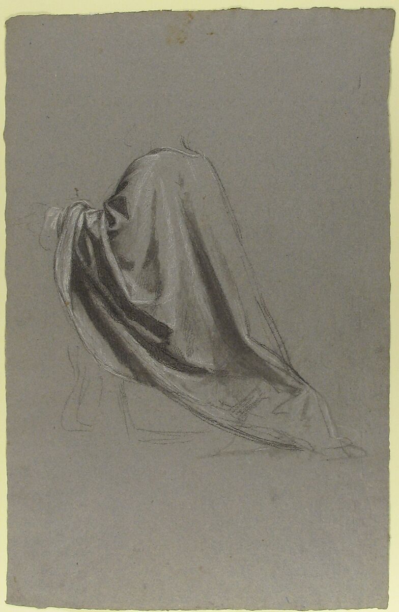 Drapery Study for a Bishop (lower register; study for wall paintings in the Chapel of Saint Remi, Sainte-Clotilde, Paris, 1858), Isidore Pils (French, Paris 1813/15–1875 Douarnenez), Black chalk, stumped, heightened with white chalk, on gray paper