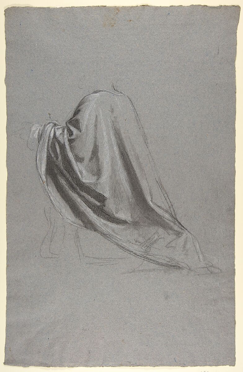 Drapery Study for a Bishop (lower register; study for wall paintings in the Chapel of Saint Remi, Sainte-Clotilde, Paris, 1858), Isidore Pils (French, Paris 1813/15–1875 Douarnenez), Black chalk, stumped, heightened with white chalk, on gray paper 