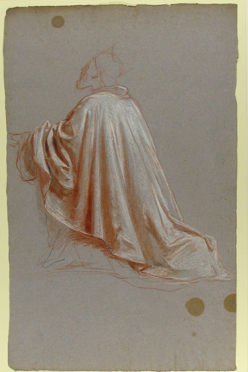 Drapery Study for a Bishop (lower register; study for wall paintings in the Chapel of Saint Remi, Sainte-Clotilde, Paris, 1858), Isidore Pils (French, Paris 1813/15–1875 Douarnenez), Red and white chalk, traces of black chalk, on gray paper.  Scattered stains.