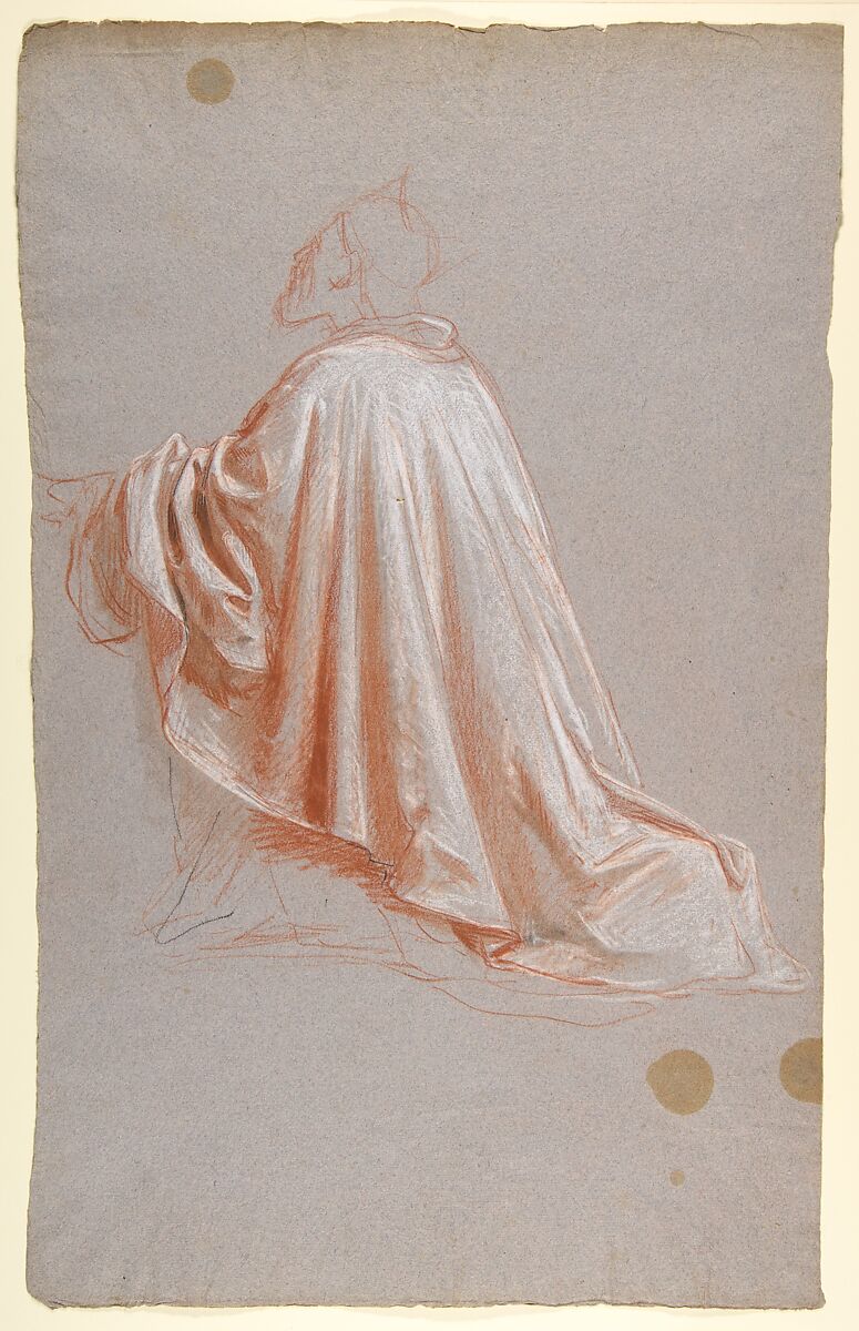 Drapery Study for a Bishop (lower register; study for wall paintings in the Chapel of Saint Remi, Sainte-Clotilde, Paris, 1858), Isidore Pils (French, Paris 1813/15–1875 Douarnenez), Red and white chalk, traces of black chalk, on gray paper.  Scattered stains. 