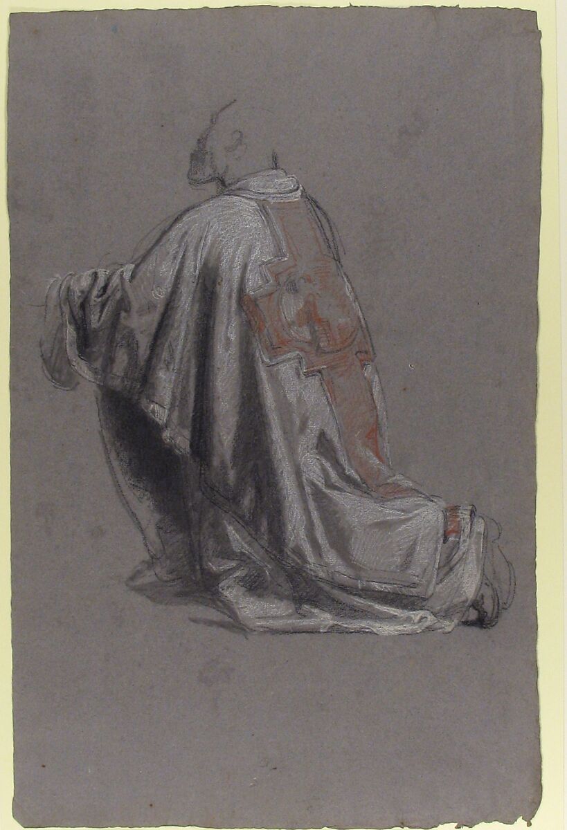 Drapery Study for a Bishop (lower register); verso:  Sketch of a sleeve; (studies for wall paintings in the Chapel of Saint Remi, Sainte-Clotilde, Paris, 1858), Isidore Pils (French, Paris 1813/15–1875 Douarnenez), Black chalk, stumped, white and red chalk, on dark gray paper (recto); black chalk (verso)