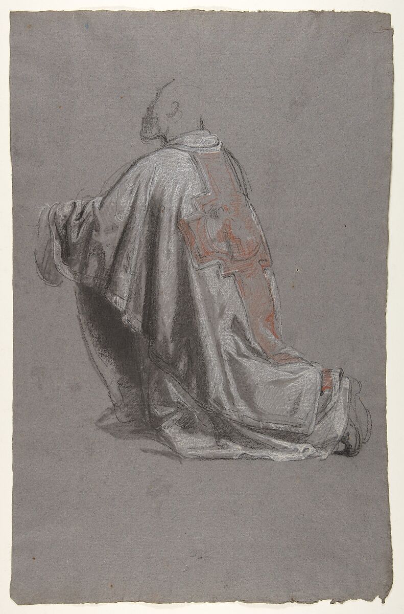 Drapery Study for a Bishop (lower register); verso:  Sketch of a sleeve; (studies for wall paintings in the Chapel of Saint Remi, Sainte-Clotilde, Paris, 1858), Isidore Pils (French, Paris 1813/15–1875 Douarnenez), Black chalk, stumped, white and red chalk, on dark gray paper (recto); black chalk (verso) 