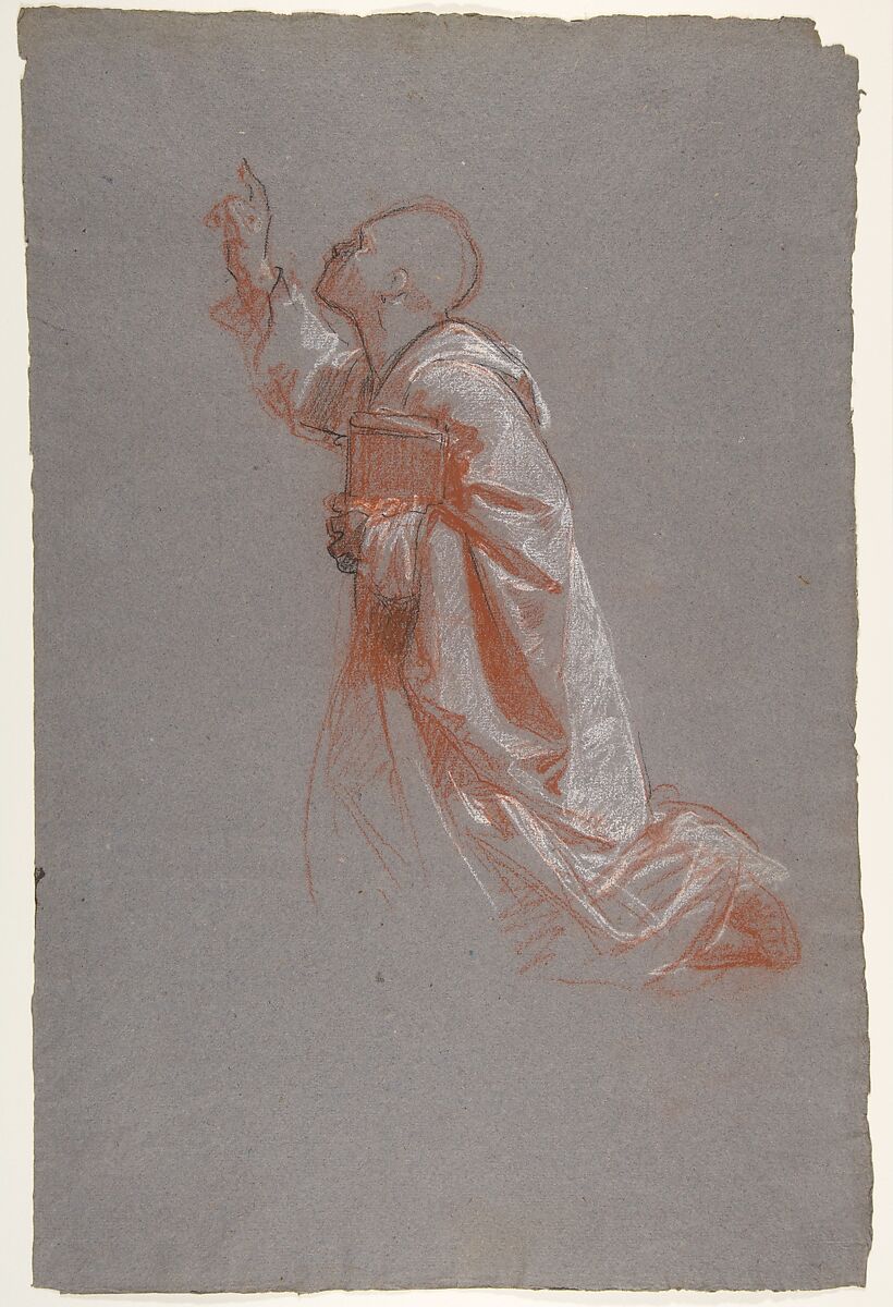 Cleric (lower register; study for wall paintings in the Chapel of Saint Remi, Sainte-Clotilde, Paris, 1858), Isidore Pils (French, Paris 1813/15–1875 Douarnenez), Red, white, and black chalk, on dark gray paper 