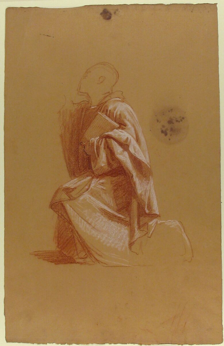 Cleric (lower register; study for wall paintings in the Chapel of Saint Remi, Sainte-Clotilde, Paris, 1858), Isidore Pils (French, Paris 1813/15–1875 Douarnenez), Red and white chalk, traces of black chalk, on beige paper.  Scattered stains.