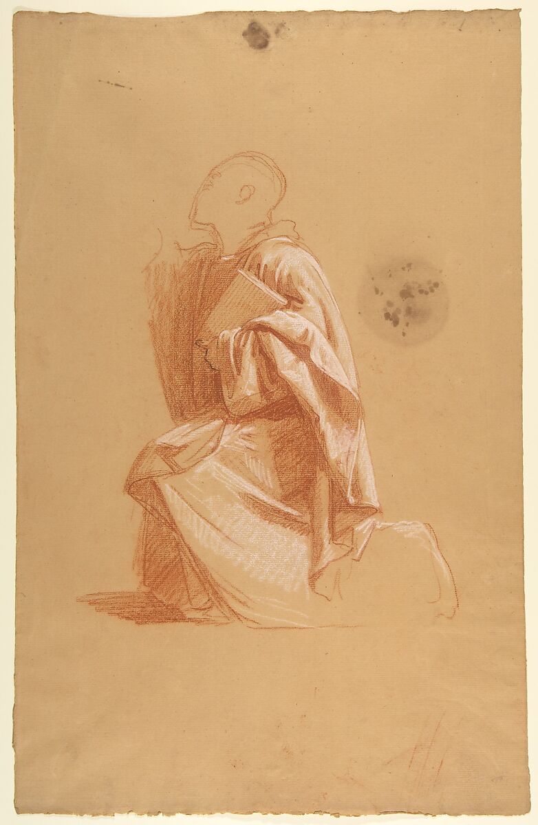 Cleric (lower register; study for wall paintings in the Chapel of Saint Remi, Sainte-Clotilde, Paris, 1858), Isidore Pils (French, Paris 1813/15–1875 Douarnenez), Red and white chalk, traces of black chalk, on beige paper.  Scattered stains. 