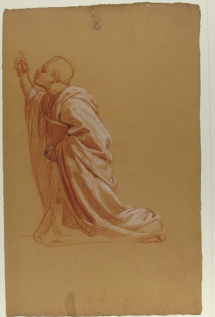 Cleric (lower register; study for wall paintings in the Chapel of Saint Remi, Sainte-Clotilde, Paris, 1858), Isidore Pils (French, Paris 1813/15–1875 Douarnenez), Red and white chalk, traces of black chalk, on beige paper