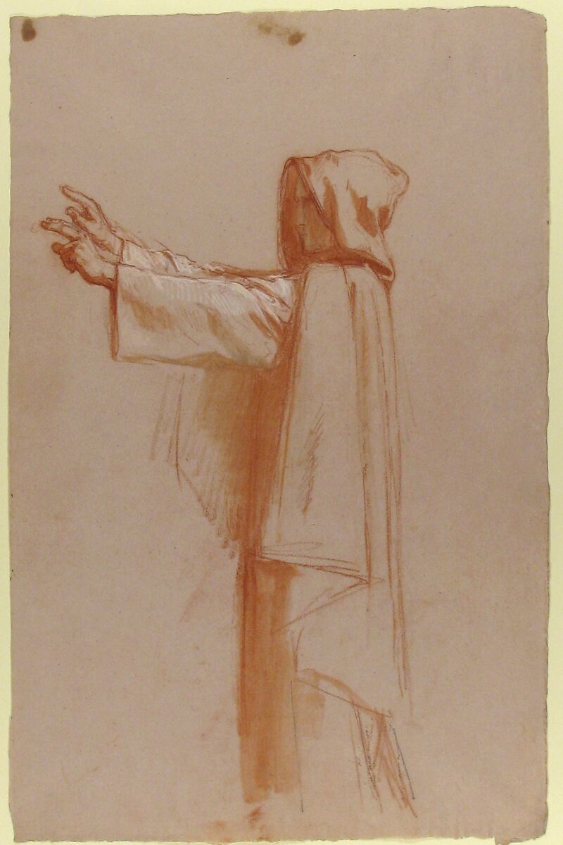 Monk (lower register; study for wall paintings in the Chapel of Saint Remi, Sainte-Clotilde, Paris, 1858), Isidore Pils (French, Paris 1813/15–1875 Douarnenez), Red chalk, stumped, heightened with white chalk, traces of black chalk, on light gray paper