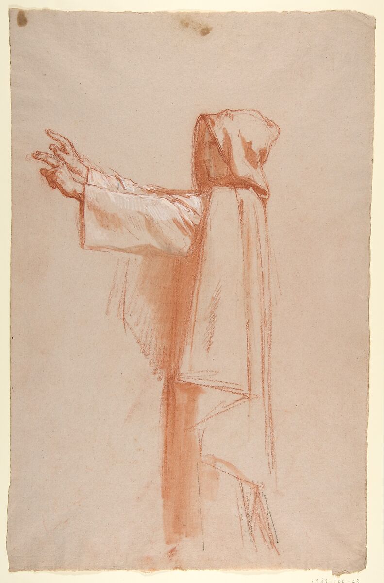Monk (lower register; study for wall paintings in the Chapel of Saint Remi, Sainte-Clotilde, Paris, 1858), Isidore Pils (French, Paris 1813/15–1875 Douarnenez), Red chalk, stumped, heightened with white chalk, traces of black chalk, on light gray paper 