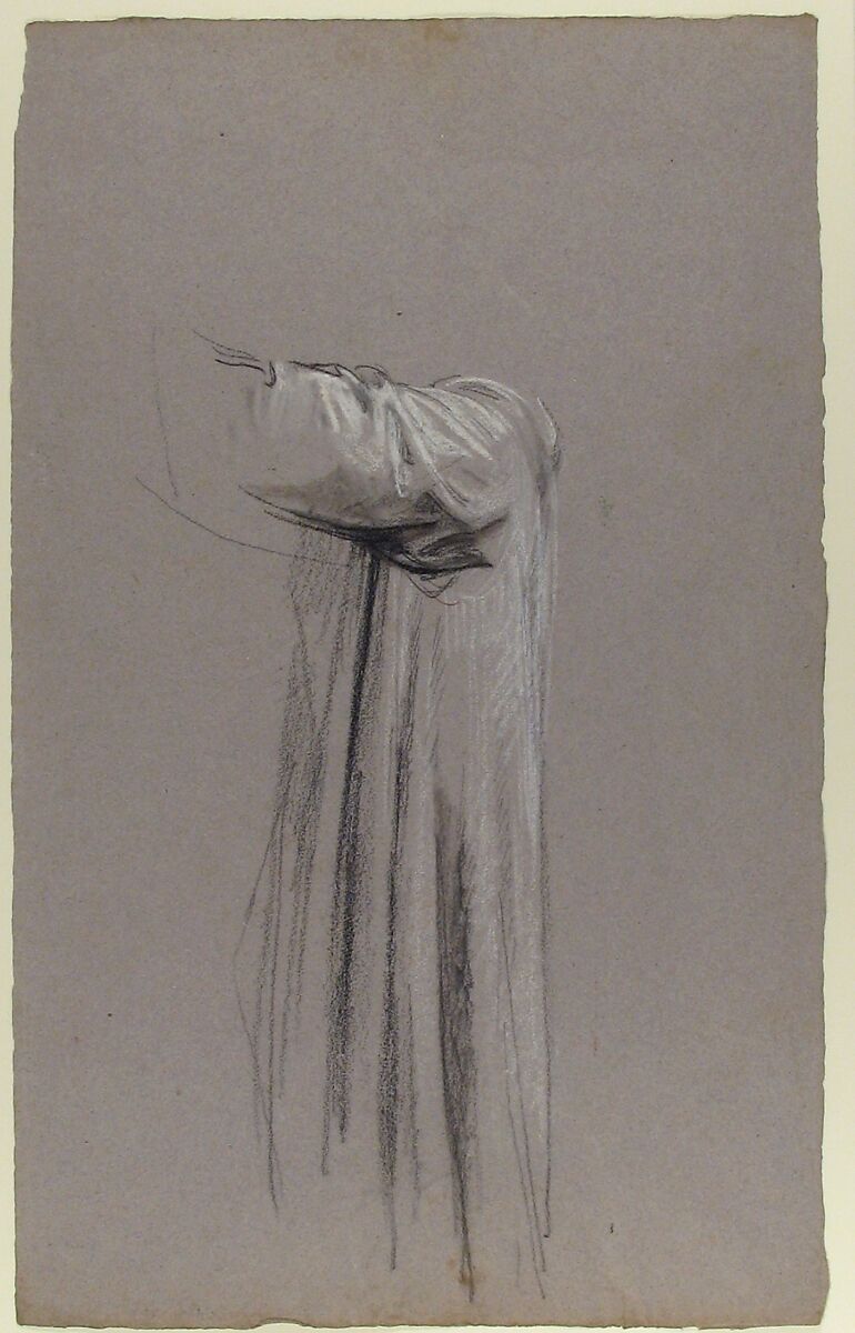 Drapery Study for a Monk (lower register; study for wall paintings in the Chapel of Saint Remi, Sainte-Clotilde, Paris, 1858), Isidore Pils (French, Paris 1813/15–1875 Douarnenez), Black and white chalk, traces of red chalk, on gray paper