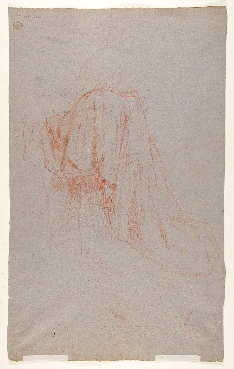 Monk (lower register); verso:  Drapery Study for a Bishop (lower register); (studies for wall paintings in the Chapel of Saint Remi, Sainte-Clotilde, Paris, 1858), Isidore Pils (French, Paris 1813/15–1875 Douarnenez), Black chalk on gray paper (recto); red chalk (verso)