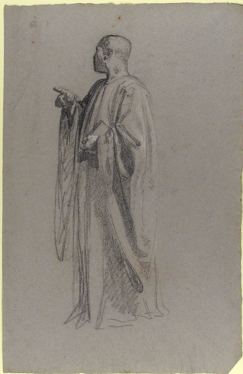 Cleric (lower register; study for wall paintings in the Chapel of Saint Remi, Sainte-Clotilde, Paris, 1858), Isidore Pils (French, Paris 1813/15–1875 Douarnenez), Black chalk, heightened with white chalk, on gray paper 