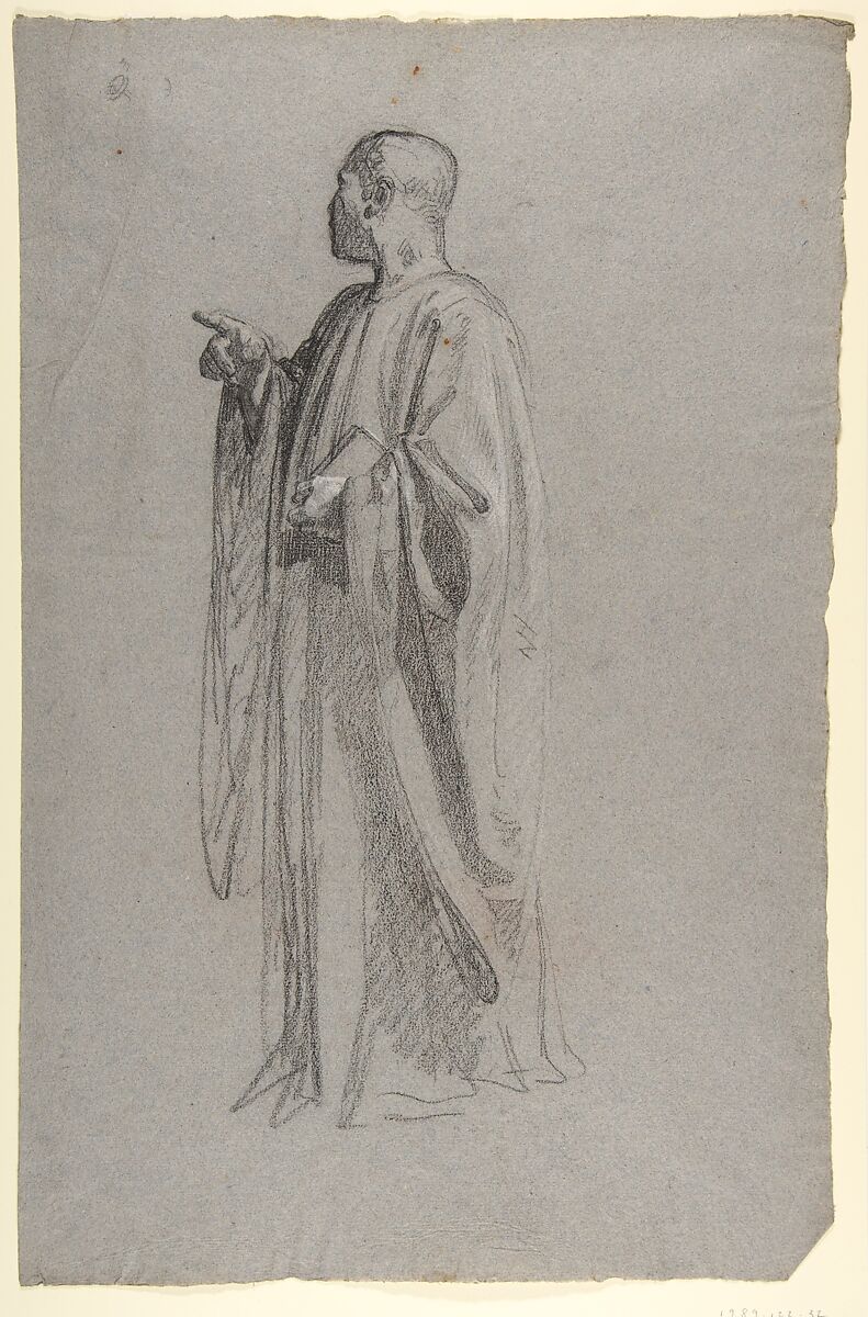 Cleric (lower register; study for wall paintings in the Chapel of Saint Remi, Sainte-Clotilde, Paris, 1858), Isidore Pils (French, Paris 1813/15–1875 Douarnenez), Black chalk, heightened with white chalk, on gray paper