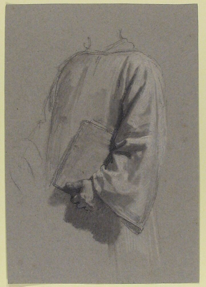 Drapery Study for a Cleric (lower register; study for wall paintings in the Chapel of Saint Remi, Sainte-Clotilde, Paris, 1858), Isidore Pils (French, Paris 1813/15–1875 Douarnenez), Black chalk, stumped, heightened with white chalk, on gray paper