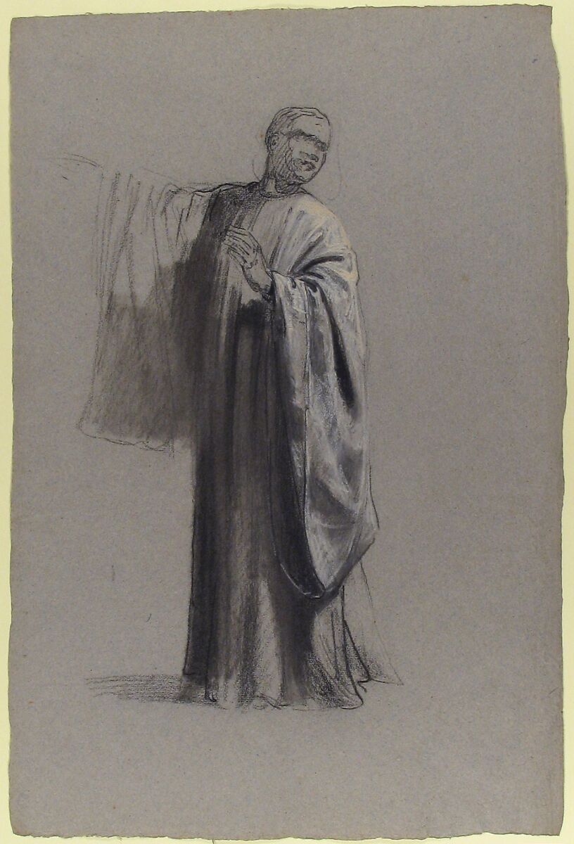 Drapery Study for a Cleric (lower register); verso:  Sleeve of a Cleric; (studies for wall paintings in the Chapel of Saint Remi, Sainte-Clotilde, Paris, 1858), Isidore Pils (French, Paris 1813/15–1875 Douarnenez), Black chalk, stumped, heightened with white chalk, on gray paper (recto); black chalk (verso)