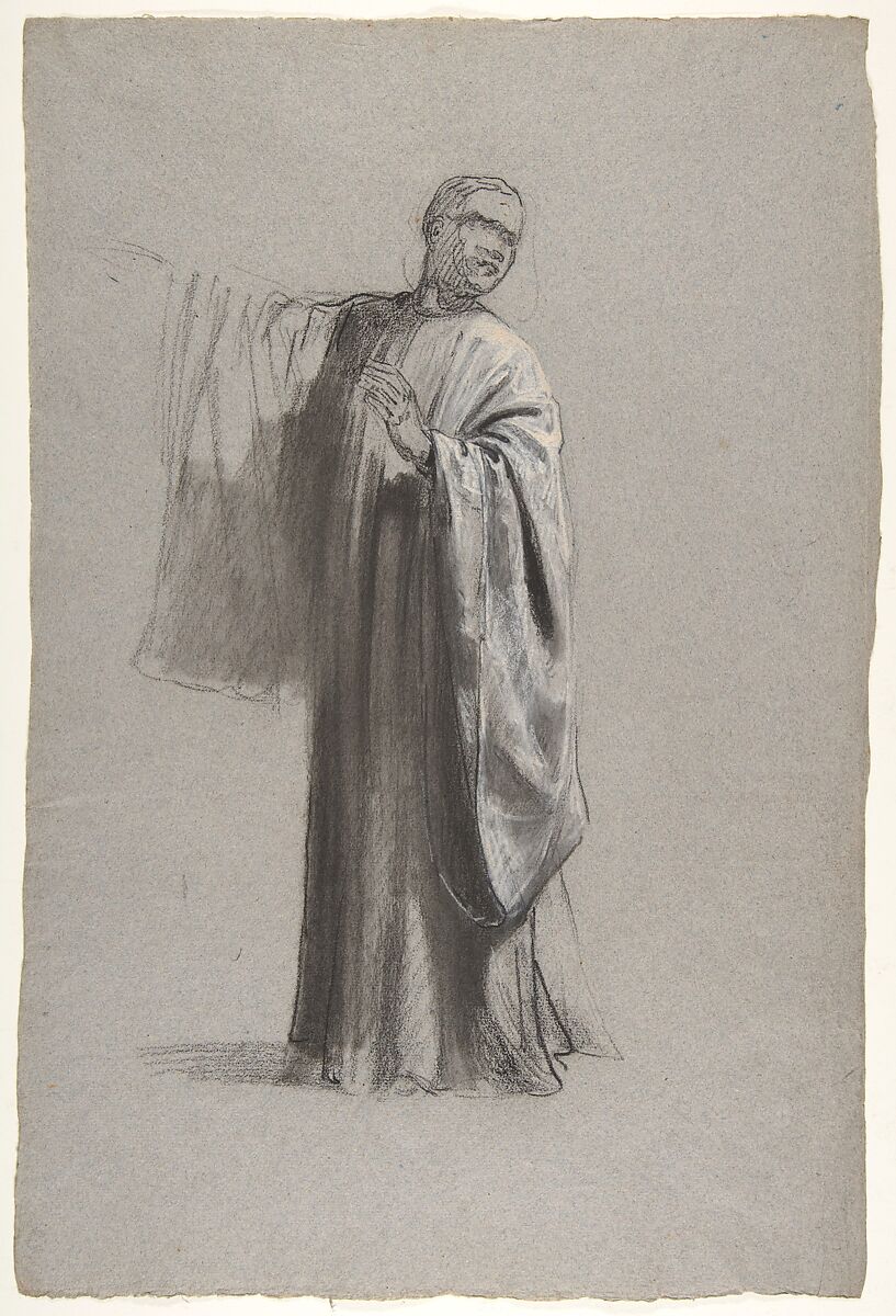 Drapery Study for a Cleric (lower register); verso:  Sleeve of a Cleric; (studies for wall paintings in the Chapel of Saint Remi, Sainte-Clotilde, Paris, 1858), Isidore Pils (French, Paris 1813/15–1875 Douarnenez), Black chalk, stumped, heightened with white chalk, on gray paper (recto); black chalk (verso) 