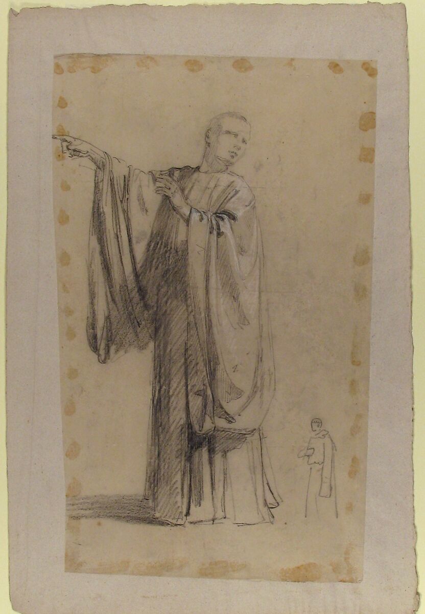 Cleric (lower register; study for wall paintings in the Chapel of Saint Remi, Sainte-Clotilde, Paris, 1858); black chalk landscape sketch on verso of support, Isidore Pils (French, Paris 1813/15–1875 Douarnenez), Black chalk, heightened with white chalk, on tracing paper.  Paste marks on all margins.  Affixed to a sheet of light gray paper.