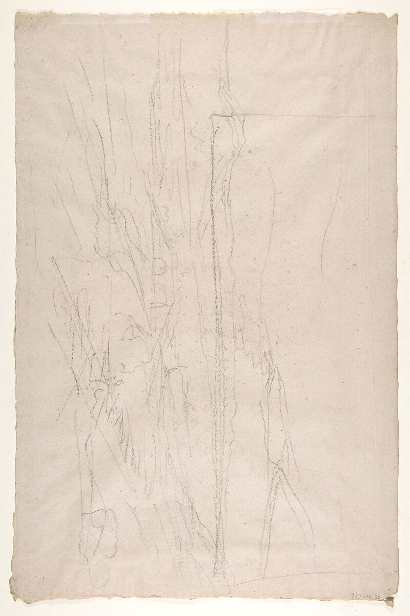 Cleric (lower register; study for wall paintings in the Chapel of Saint Remi, Sainte-Clotilde, Paris, 1858); black chalk landscape sketch on verso of support, Isidore Pils (French, Paris 1813/15–1875 Douarnenez), Black chalk, heightened with white chalk, on tracing paper.  Paste marks on all margins.  Affixed to a sheet of light gray paper.