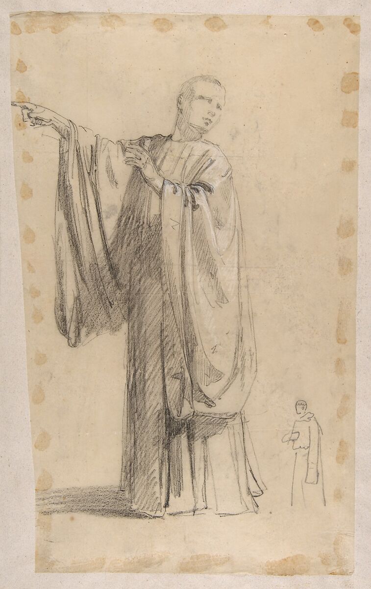 Cleric (lower register; study for wall paintings in the Chapel of Saint Remi, Sainte-Clotilde, Paris, 1858); black chalk landscape sketch on verso of support, Isidore Pils (French, Paris 1813/15–1875 Douarnenez), Black chalk, heightened with white chalk, on tracing paper.  Paste marks on all margins.  Affixed to a sheet of light gray paper. 