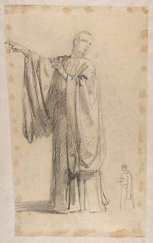 Cleric (lower register; study for wall paintings in the Chapel of Saint Remi, Sainte-Clotilde, Paris, 1858); black chalk landscape sketch on verso of support