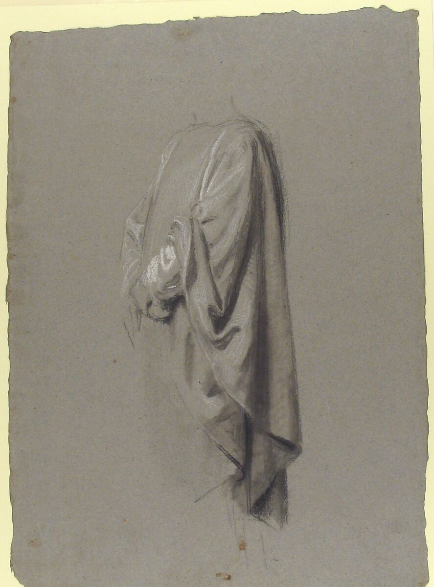 Drapery Study for a Cleric (lower register; study for wall paintings in the Chapel of Saint Remi, Sainte-Clotilde, Paris, 1858), Isidore Pils (French, Paris 1813/15–1875 Douarnenez), Black chalk, stumped, heightened with white chalk, on gray paper