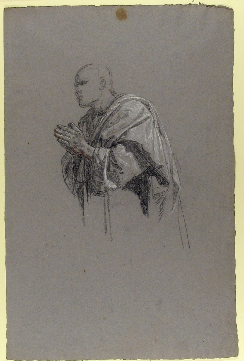 Drapery Study for a Cleric (lower register; study for wall paintings in the Chapel of Saint Remi, Sainte-Clotilde, Paris, 1858), Isidore Pils (French, Paris 1813/15–1875 Douarnenez), Black and white chalk, traces of red chalk, on gray paper