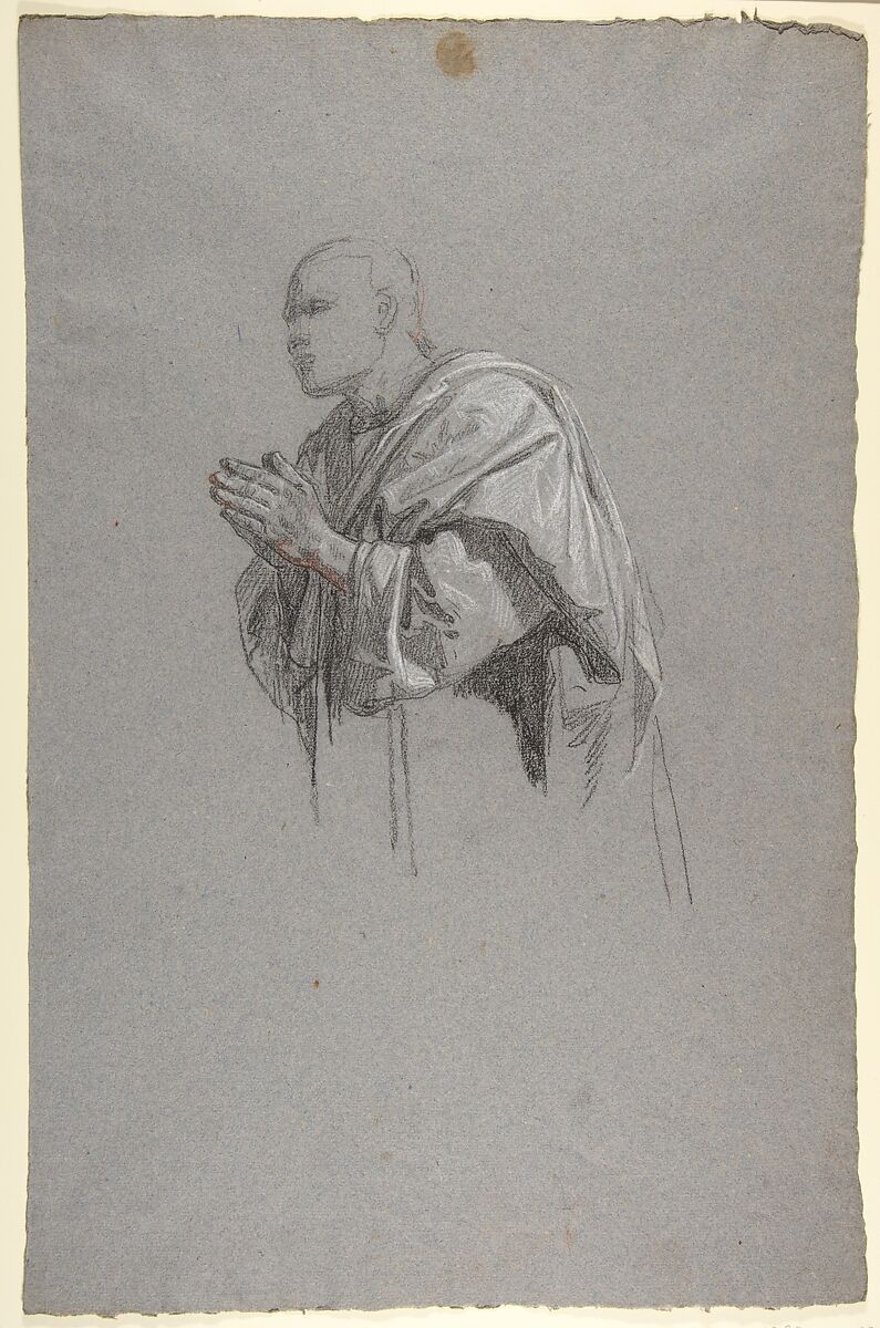 Drapery Study for a Cleric (lower register; study for wall paintings in the Chapel of Saint Remi, Sainte-Clotilde, Paris, 1858), Isidore Pils (French, Paris 1813/15–1875 Douarnenez), Black and white chalk, traces of red chalk, on gray paper 