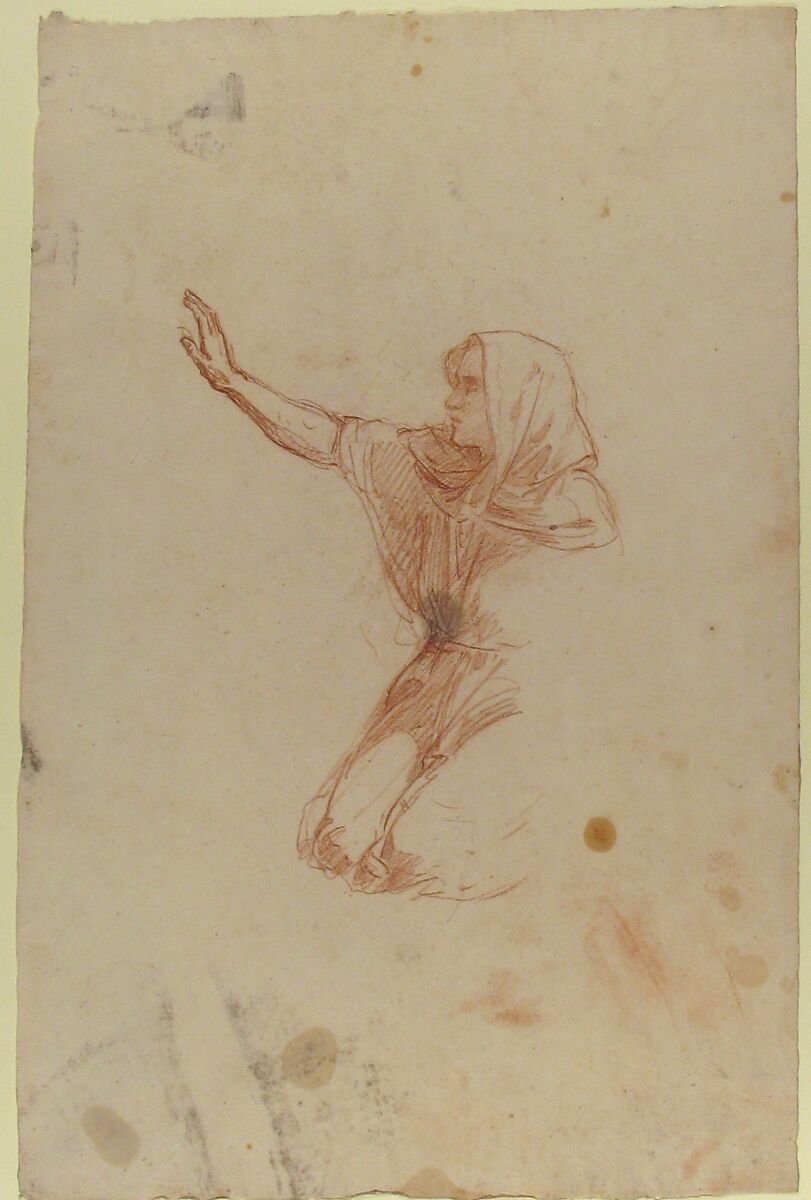 Kneeling Woman (lower register); verso:  Kneeling Woman (lower register); (studies for wall paintings in the Chapel of Saint Remi, Sainte-Clotilde, Paris, 1858), Isidore Pils (French, Paris 1813/15–1875 Douarnenez), Red chalk (recto and verso)