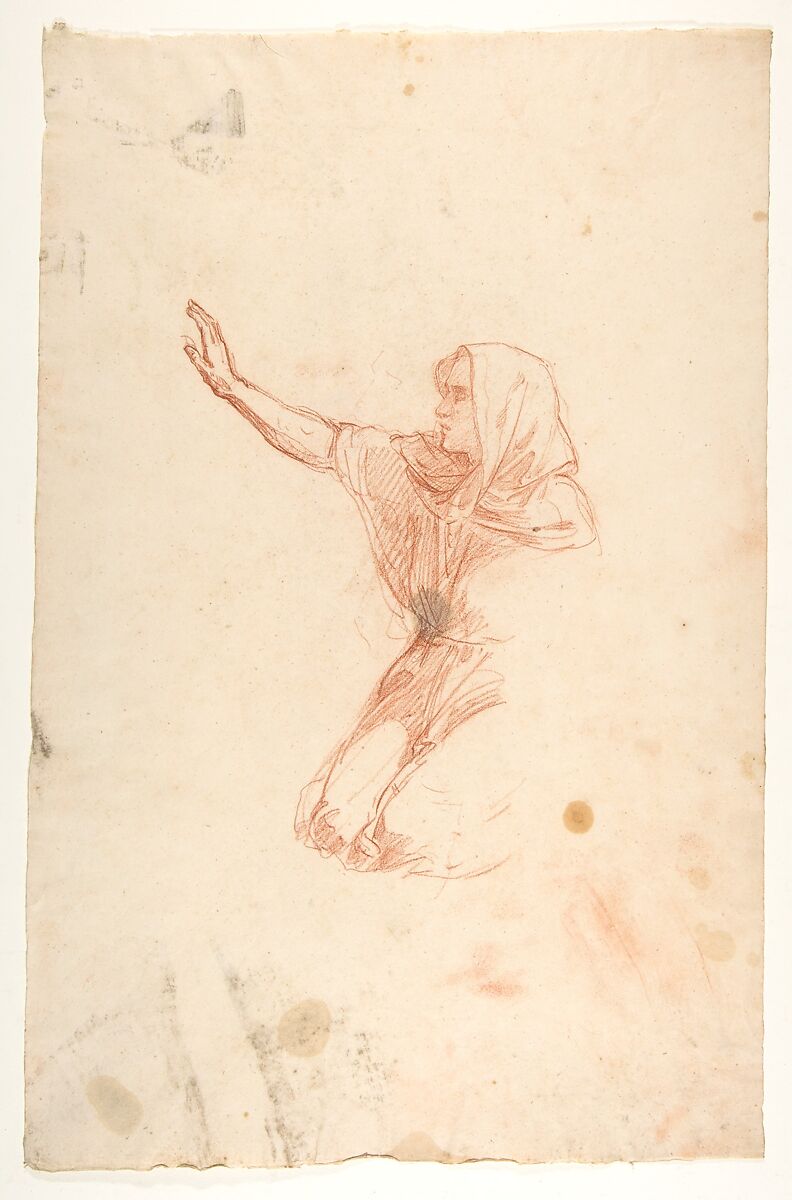 Kneeling Woman (lower register); verso:  Kneeling Woman (lower register); (studies for wall paintings in the Chapel of Saint Remi, Sainte-Clotilde, Paris, 1858), Isidore Pils (French, Paris 1813/15–1875 Douarnenez), Red chalk (recto and verso) 