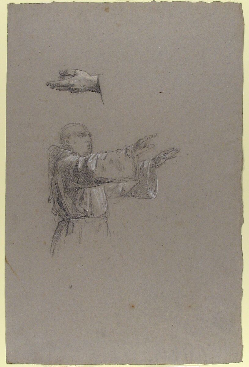 Cleric with Raised Arms (lower register?; study for wall paintings in the Chapel of Saint Remi, Sainte-Clotilde, Paris, 1858), Isidore Pils (French, Paris 1813/15–1875 Douarnenez), Black chalk, heightened with white chalk, on gray paper