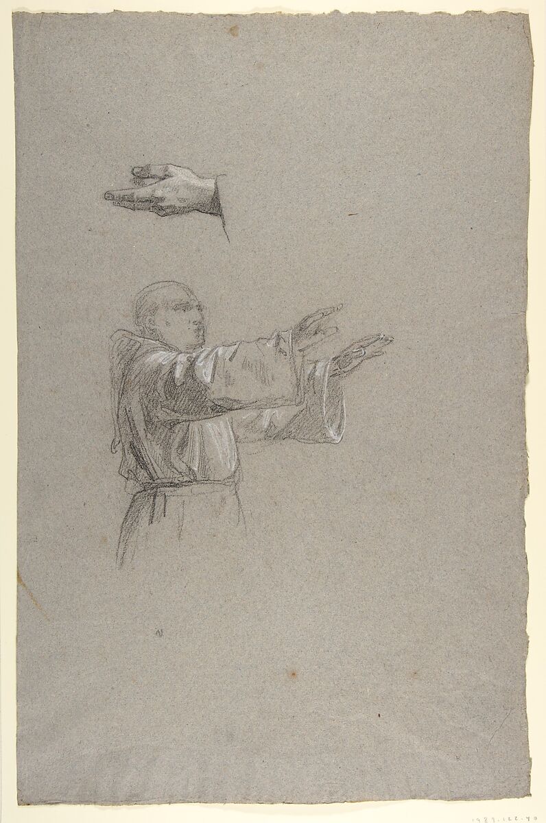 Cleric with Raised Arms (lower register?; study for wall paintings in the Chapel of Saint Remi, Sainte-Clotilde, Paris, 1858), Isidore Pils (French, Paris 1813/15–1875 Douarnenez), Black chalk, heightened with white chalk, on gray paper 