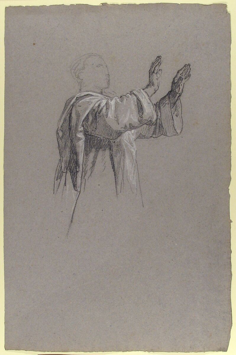 Cleric with Raised Arms (lower register?; study for wall paintings in the Chapel of Saint Remi, Sainte-Clotilde, Paris, 1858), Isidore Pils (French, Paris 1813/15–1875 Douarnenez), Black chalk, heightened with white chalk, on gray paper