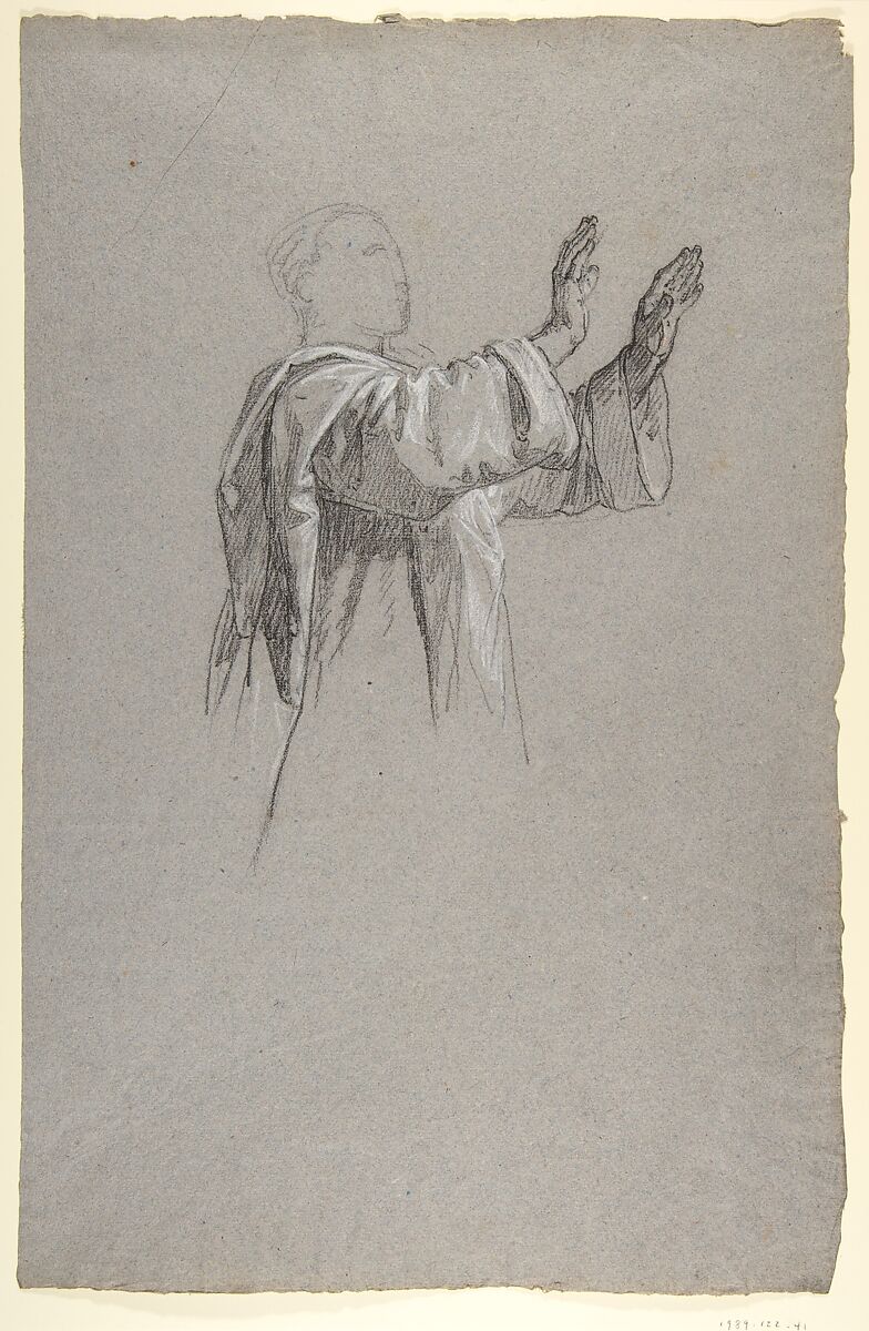 Cleric with Raised Arms (lower register?; study for wall paintings in the Chapel of Saint Remi, Sainte-Clotilde, Paris, 1858), Isidore Pils (French, Paris 1813/15–1875 Douarnenez), Black chalk, heightened with white chalk, on gray paper 